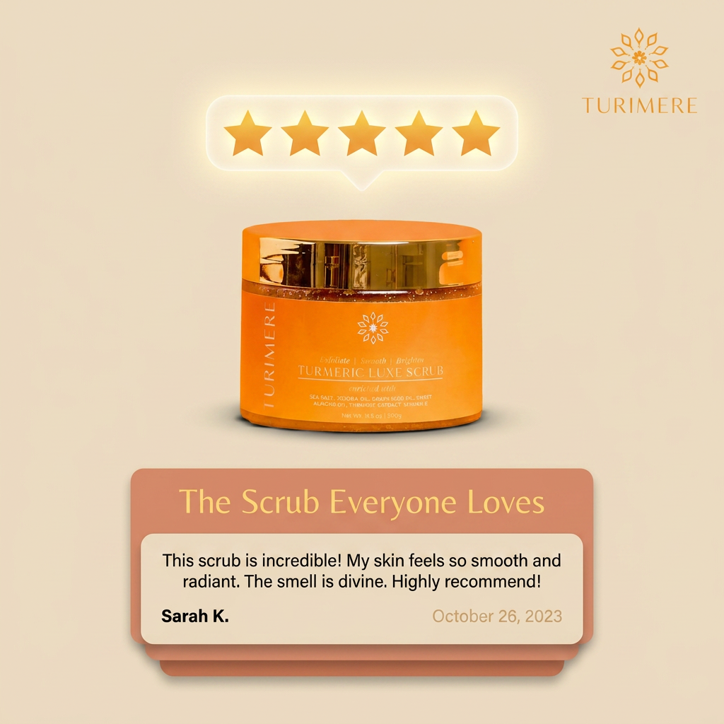 Orange jar of Turimere scrub with five-star rating and customer review on a beige background
